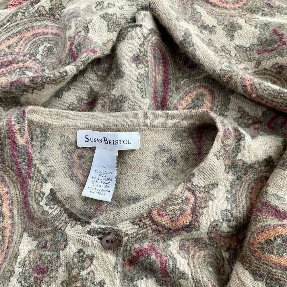 Susan Bristol Sweater Cardigan Lambswool Angora Paisley (L) - Picture 5 of 7